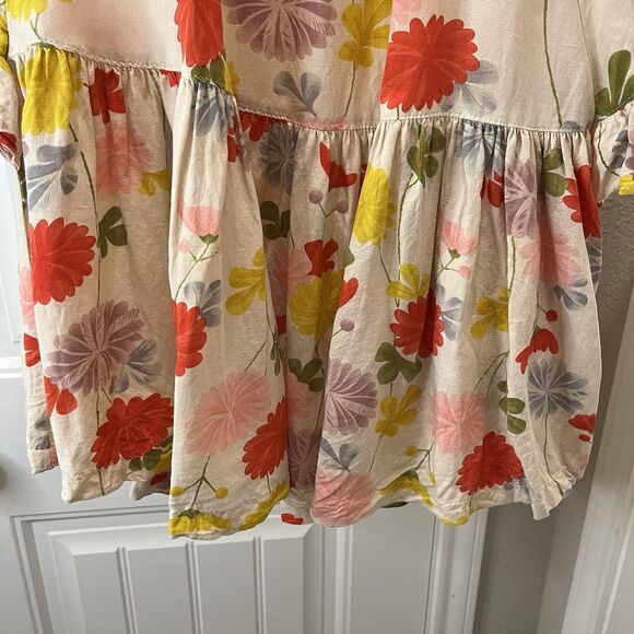 Womens Floral Cream Orange Yellow Ruffle Short Sleeve Top Size XL Linen Blend - Picture 3 of 8